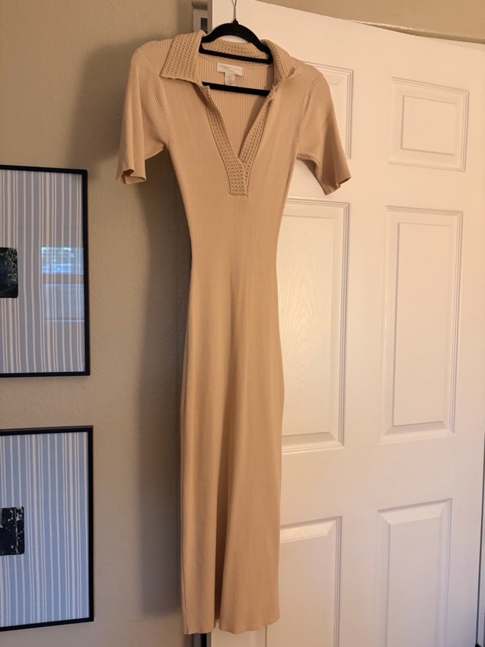 Caroline Constas Beige Ribbed Maxi Dress - Crochet Collar